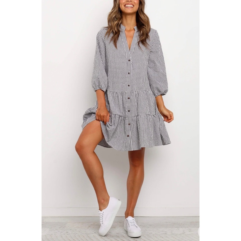 Petal + Pup Shirt Dress Women S/M Peach Gingham Cottagecore Tiered Mini Button
